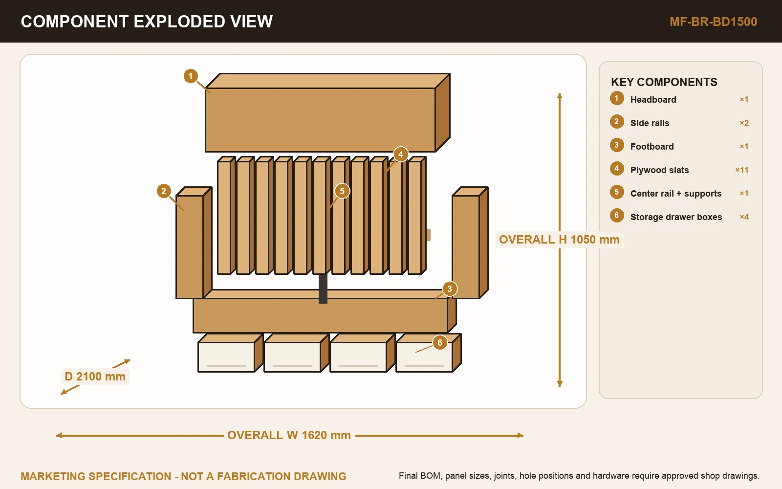 REST QUEEN STORAGE BED Exploded view.
