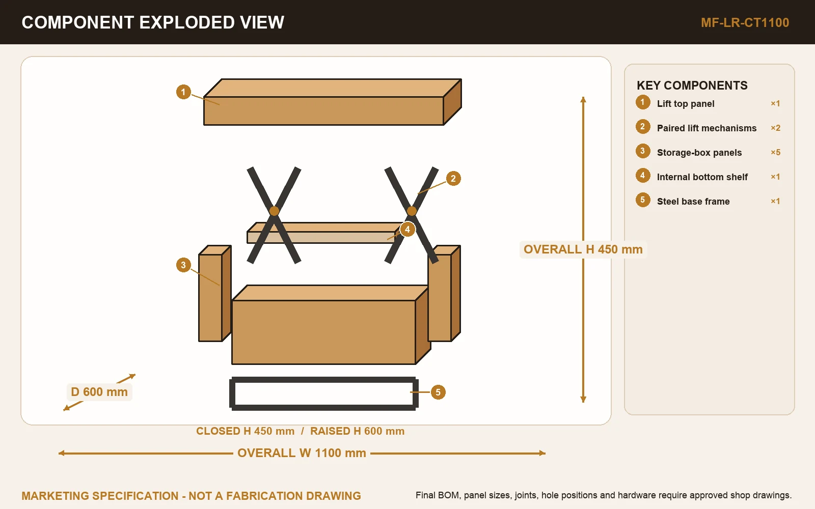 LIFT 1100 COFFEE TABLE Exploded view.