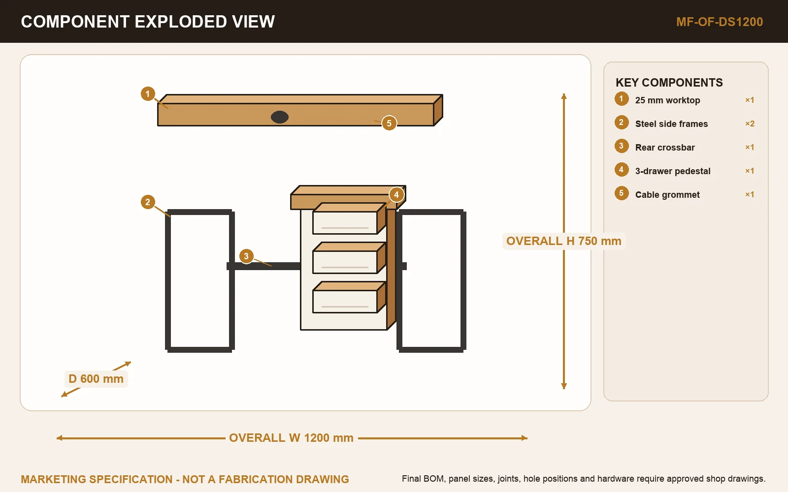 FOCUS 1200 WORK DESK Exploded view.